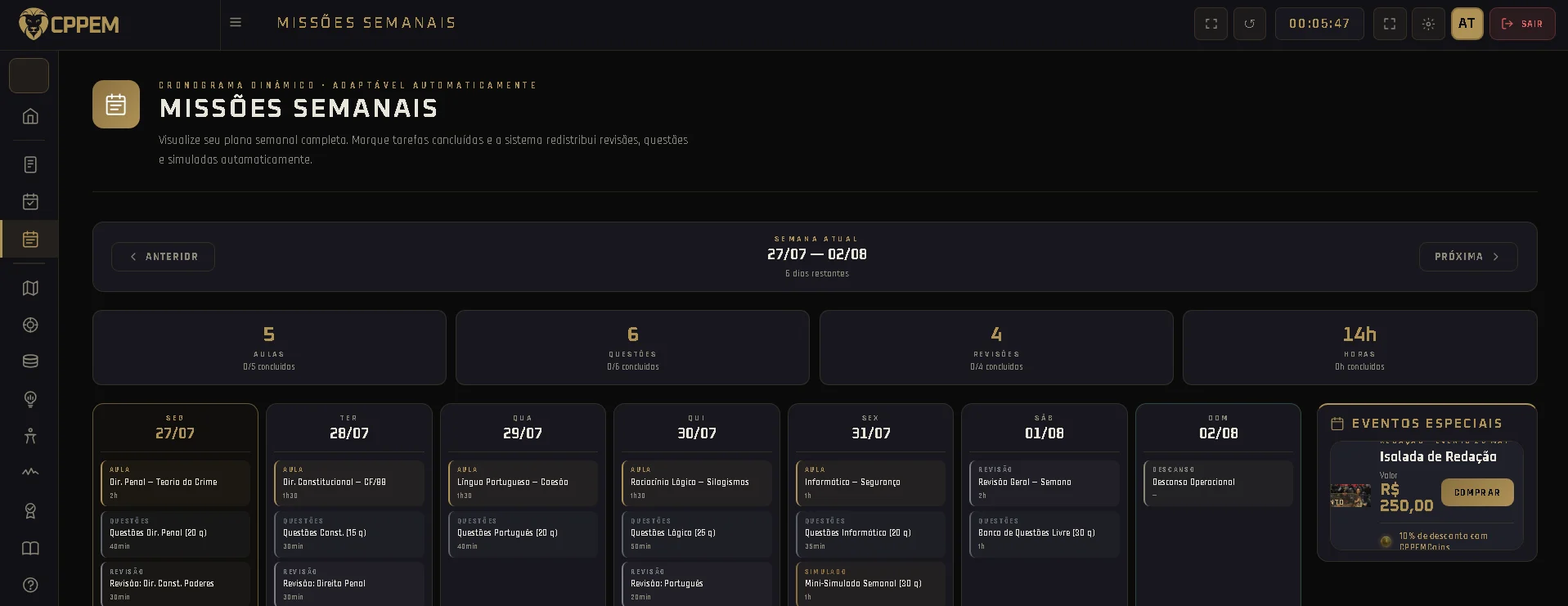 Tela Missões Semanais da plataforma CPPEM