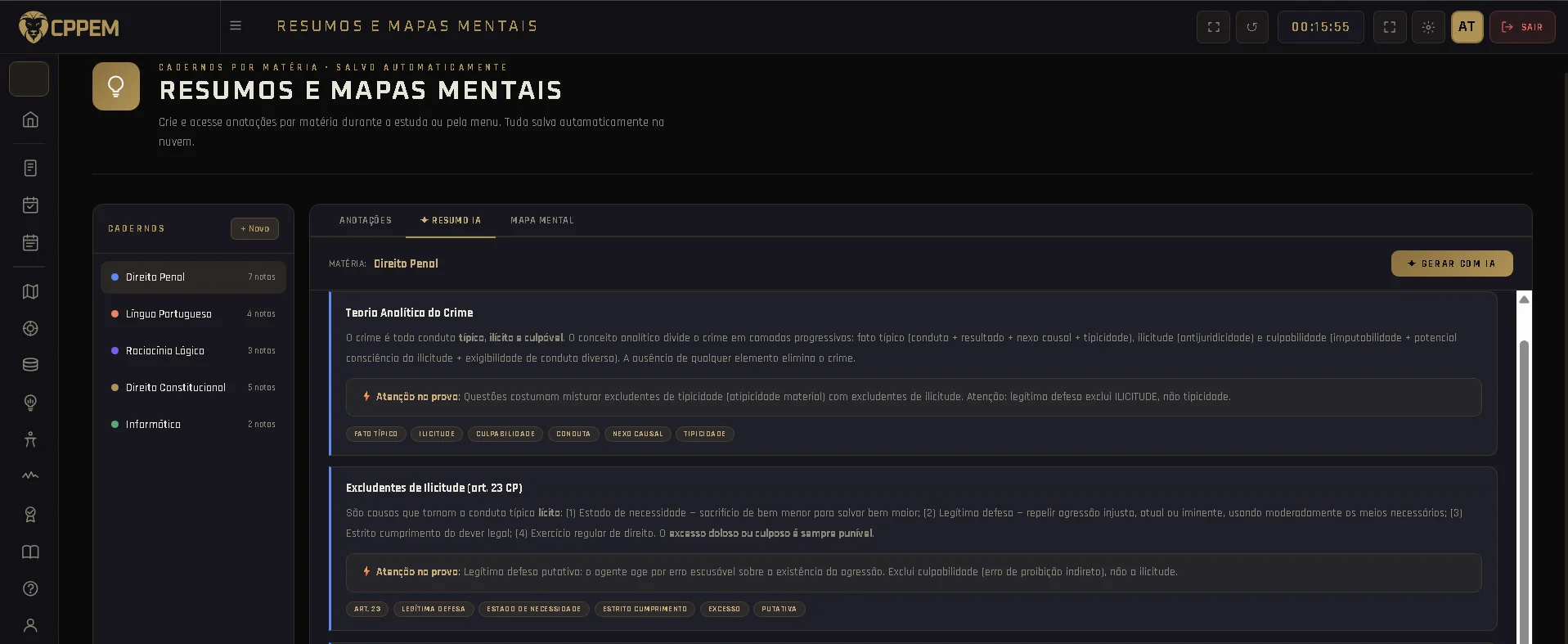 Tela Resumos com IA da plataforma CPPEM